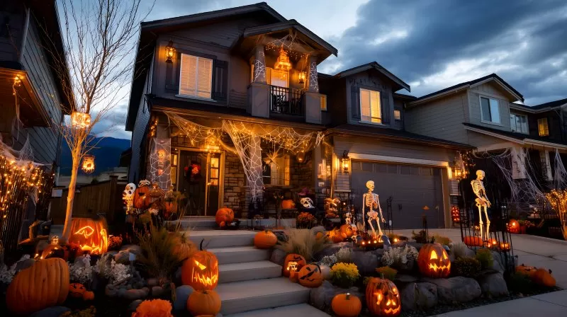 Halloweenhaus mit Kürbissen Skeletten und Lichterketten