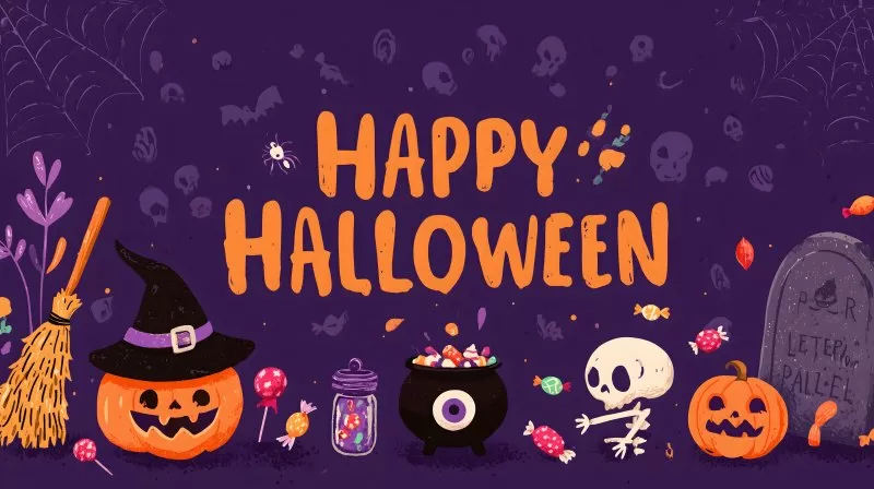 Halloweenkarte mit Kürbis Hexe Skelett und Süßigkeiten