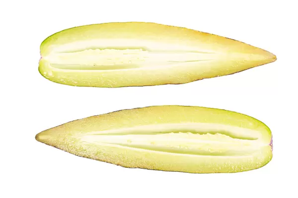 Halves of fresh ripe pepino, top view