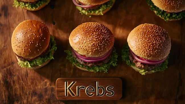 Hamburger auf rustikaler Holzplatte mit Krebs-Warnschild