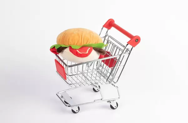 Hamburger aus Stoff in Einkaufswagen vor weißem Hintergrund