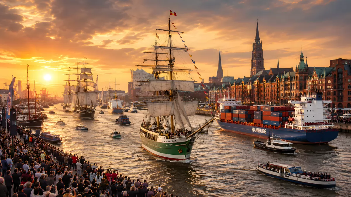 Hamburger Hafengeburtstag mit Segelschiffen bei Sonnenuntergang