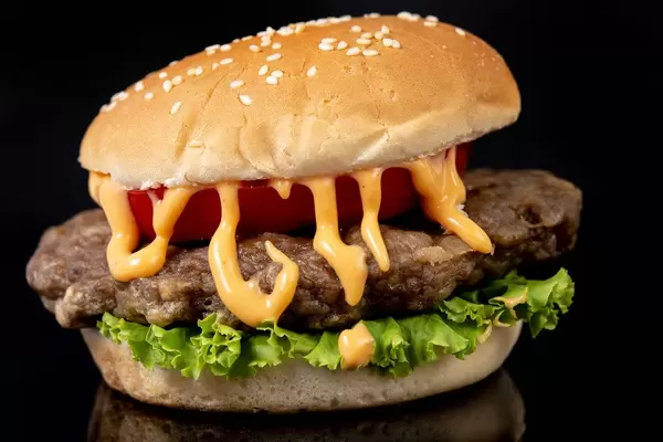 Hamburger with Tomato Lettuce and Sauce above black background (Flip 2019) (Flip 2019)