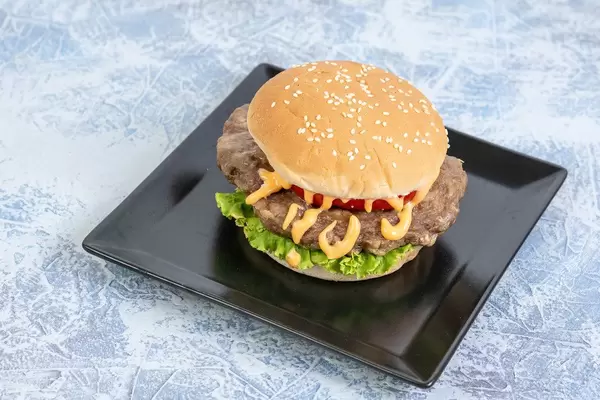 Hamburger with Tomato Lettuce and Sauce on the square plate