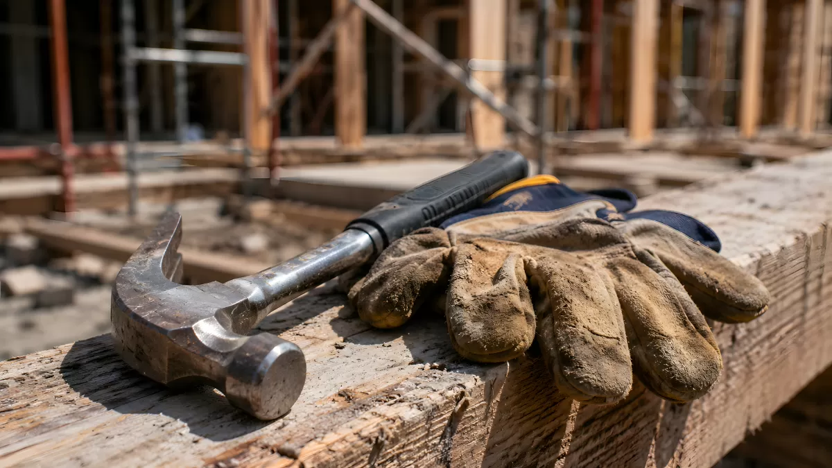 Hammer und Arbeitshandschuhe auf Holzbrett – Baustelle