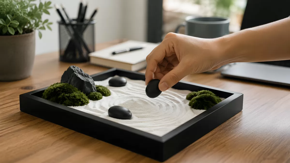 Hand arrangiert Stein in einem Mini-Zen-Garten