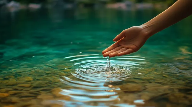 Hand berührt das Wasser eines kristallklaren Sees