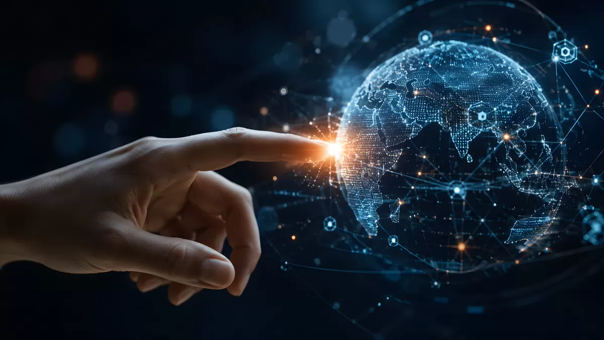 Hand berührt digitalen Globus mit Netzwerkverbindungen