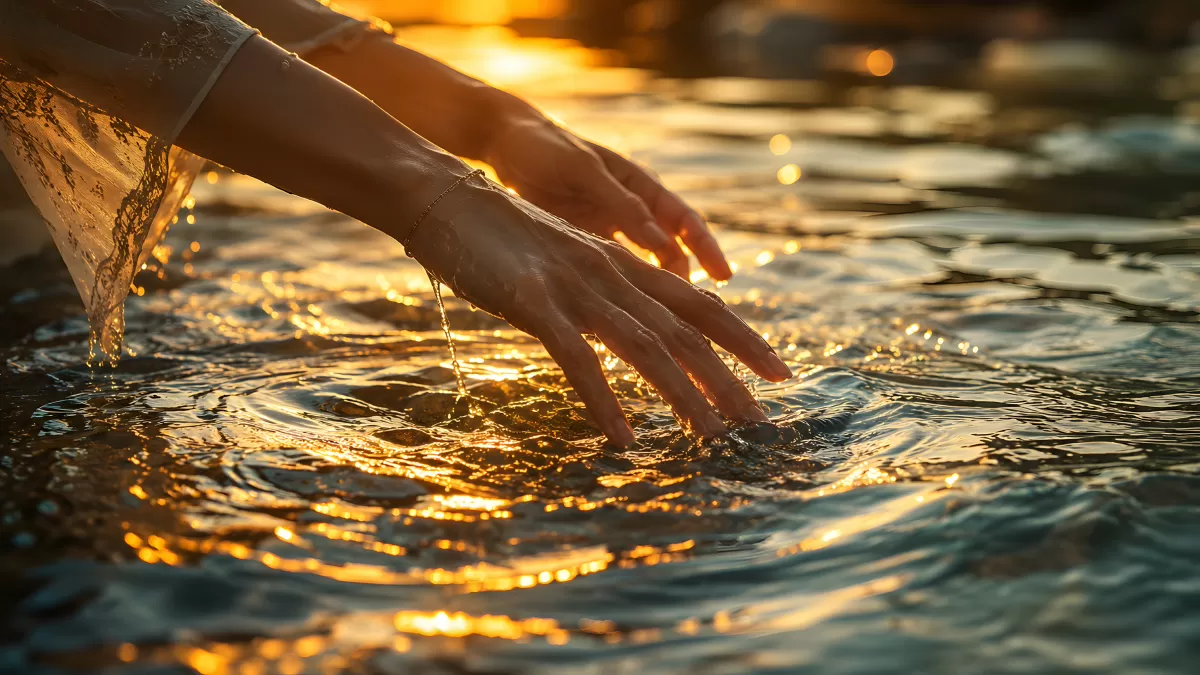 Hand berührt Wasser im goldenen Abendlicht