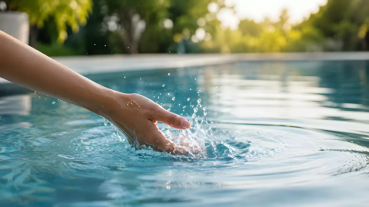 Hand berührt Wasseroberfläche im Swimmingpool