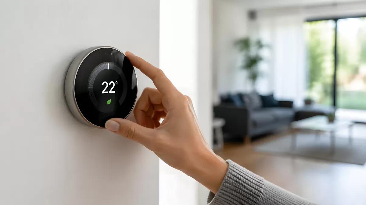 Hand dreht an modernem Nest-Thermostat an weißer Wand