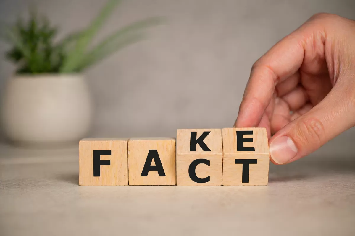 Hand dreht Holzwürfel von Fake zu Fact um