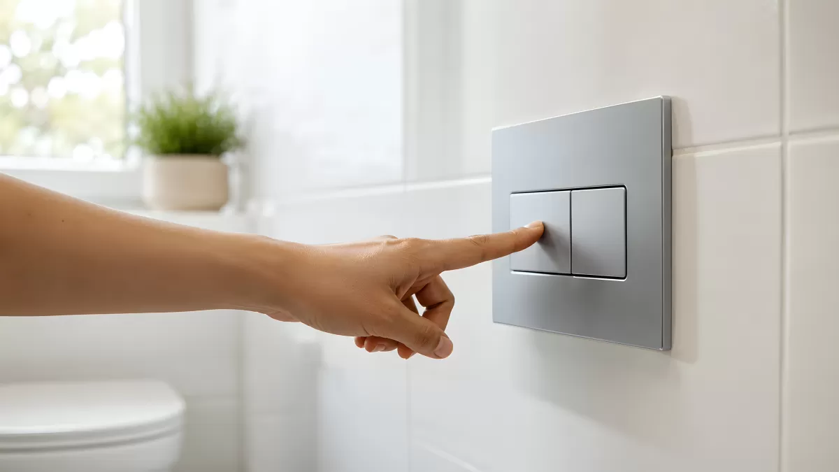Hand drückt Unterputz-Spülknopf an Badezimmerwand