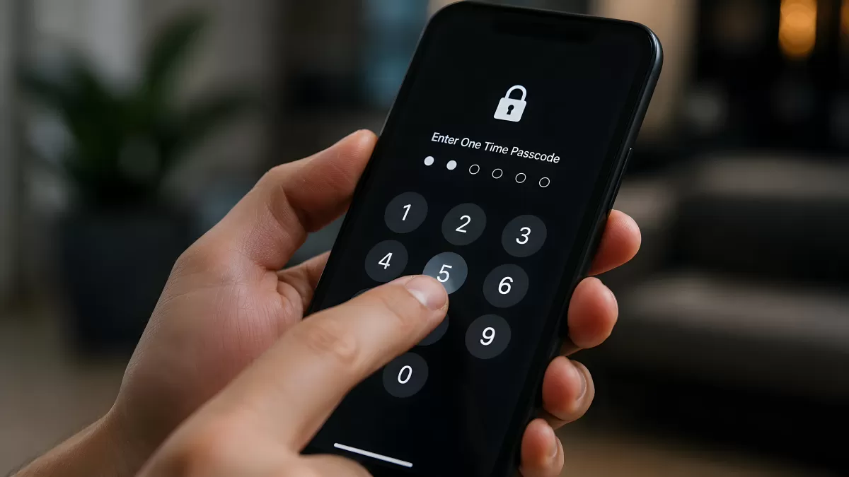 Hand gibt Einmalpasswort auf Smartphone ein