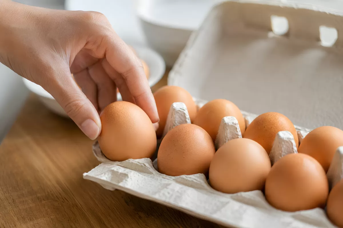 Hand greift braunes Ei aus geöffnetem Eierkarton