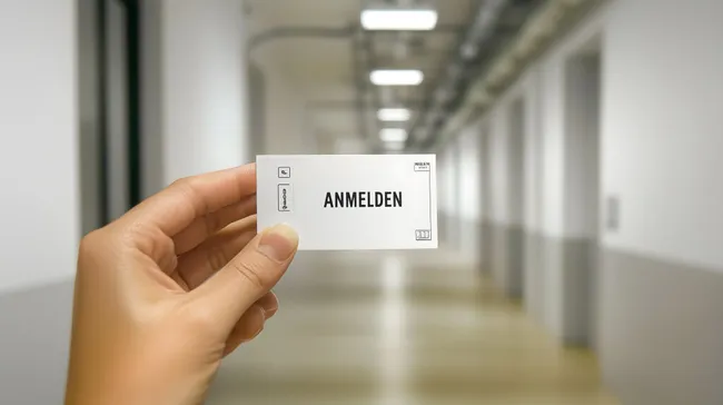 Hand hält Anmeldekarte im Büroflur