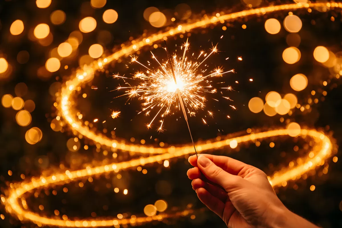 Hand hält brennende Wunderkerze vor Bokeh-Lichtern