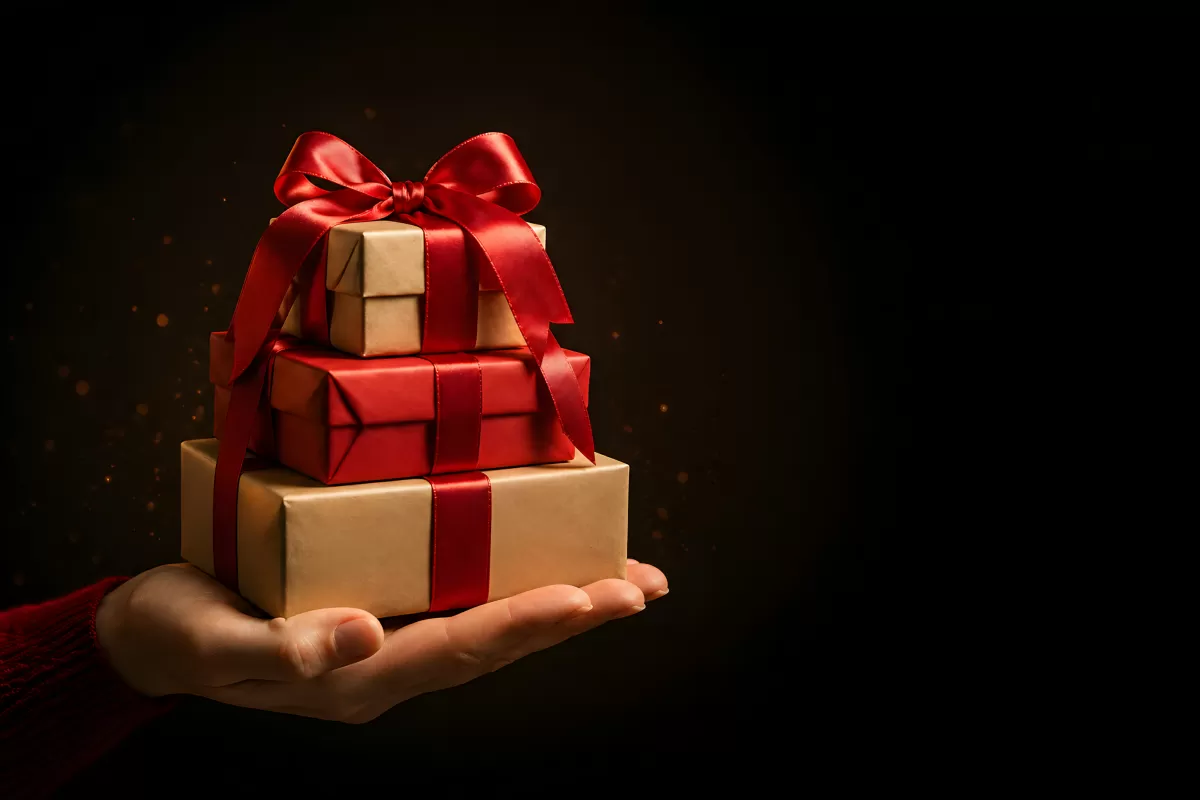 Hand hält drei gestapelte Geschenkboxen mit roter Schleife
