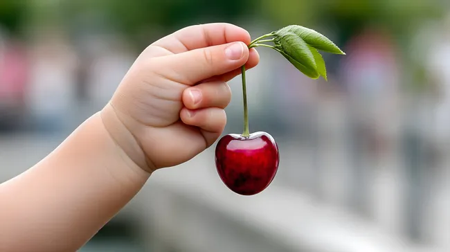 Hand hält frische Kirsche mit grünem Blatt