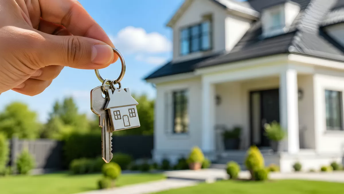 Hand hält Hausschlüssel vor modernem Einfamilienhaus