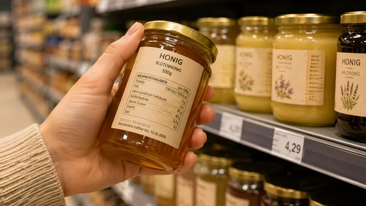 Hand hält Honigglas im Supermarkt mit Etikett