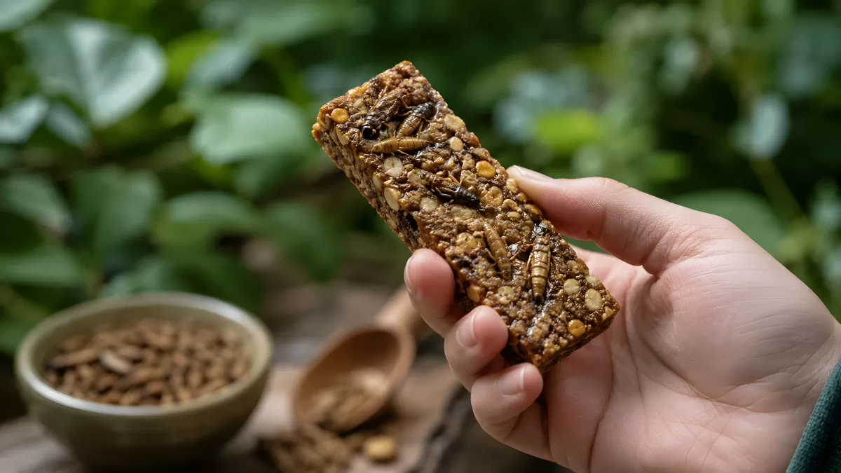 Hand hält Insektenriegel mit Mehlwürmern und Grillen