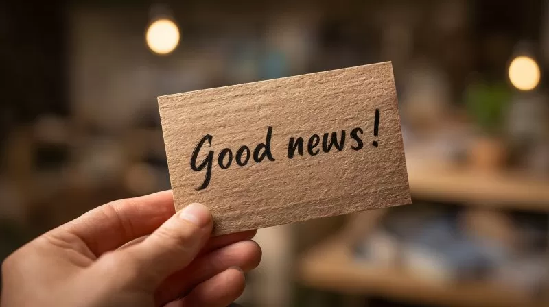 Hand hält Karte mit Aufschrift Good News