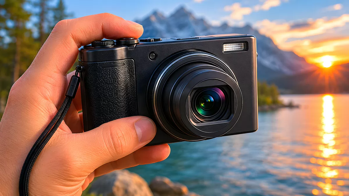 Hand hält Kompaktkamera vor Bergsee bei Sonnenuntergang