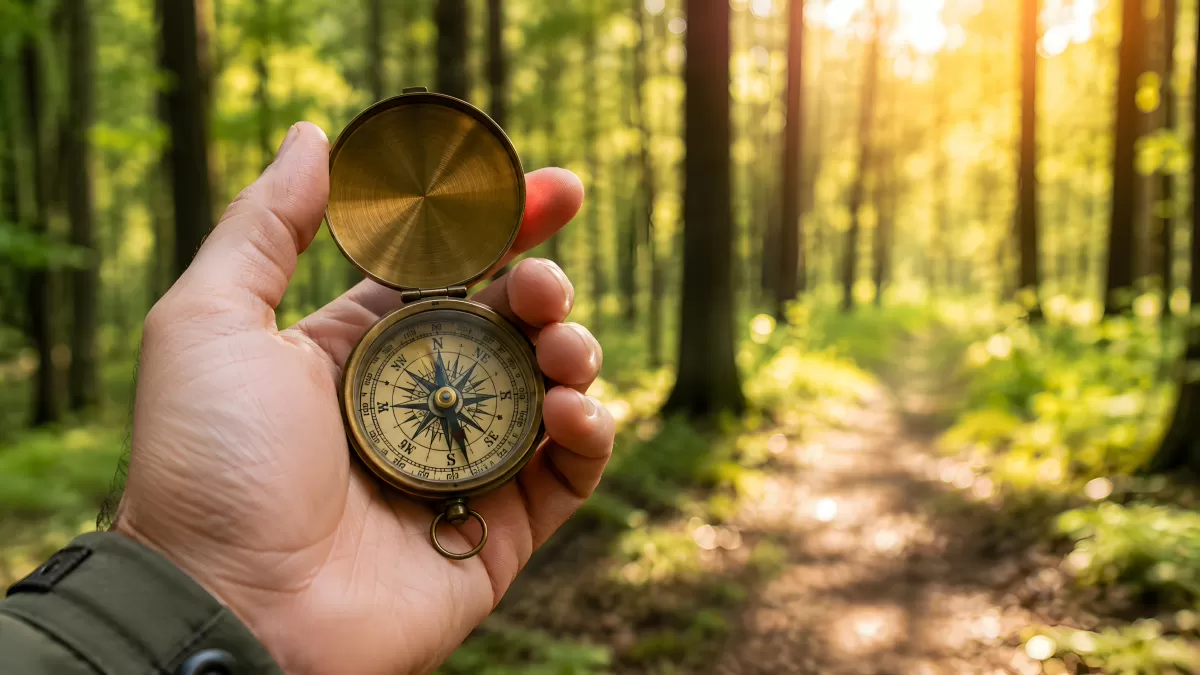 Hand hält Kompass auf Waldweg im Sonnenlicht