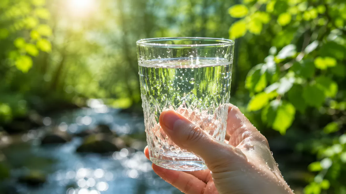 Hand hält Kristallglas mit frischem Wasser am Bach