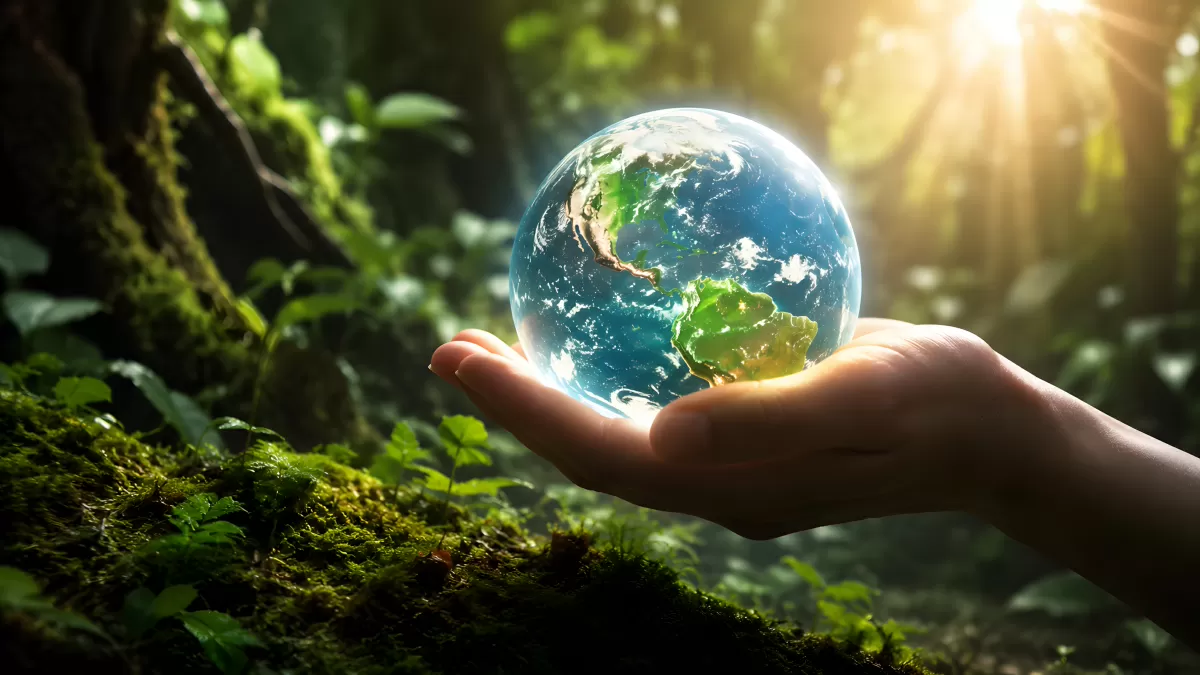 Hand hält leuchtende Erde im grünen Wald