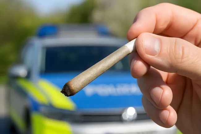 Hand hält Marihuana-Zigarette vor Polizeiauto