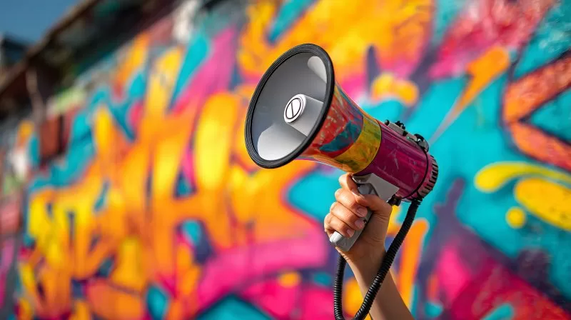 Hand hält Megafon vor bunter Graffiti Wand als Protestsymbol