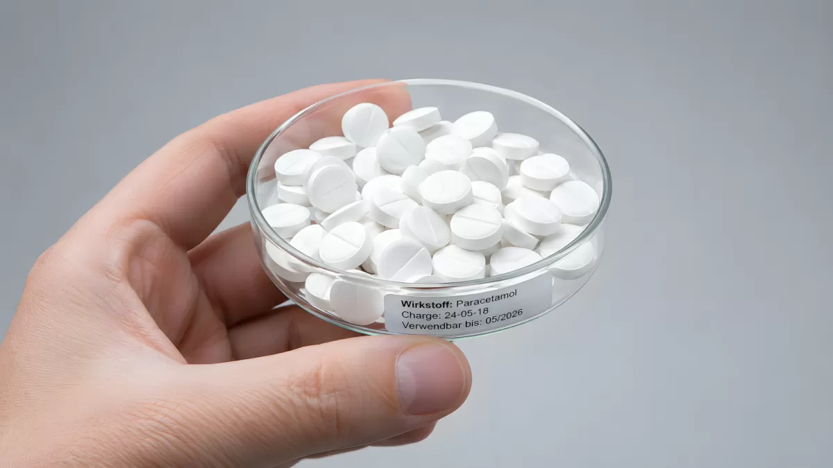 Hand hält Petrischale mit Paracetamol-Tabletten