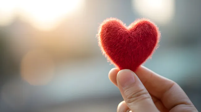 Hand hält rotes Herz in weiches Sonnenlicht