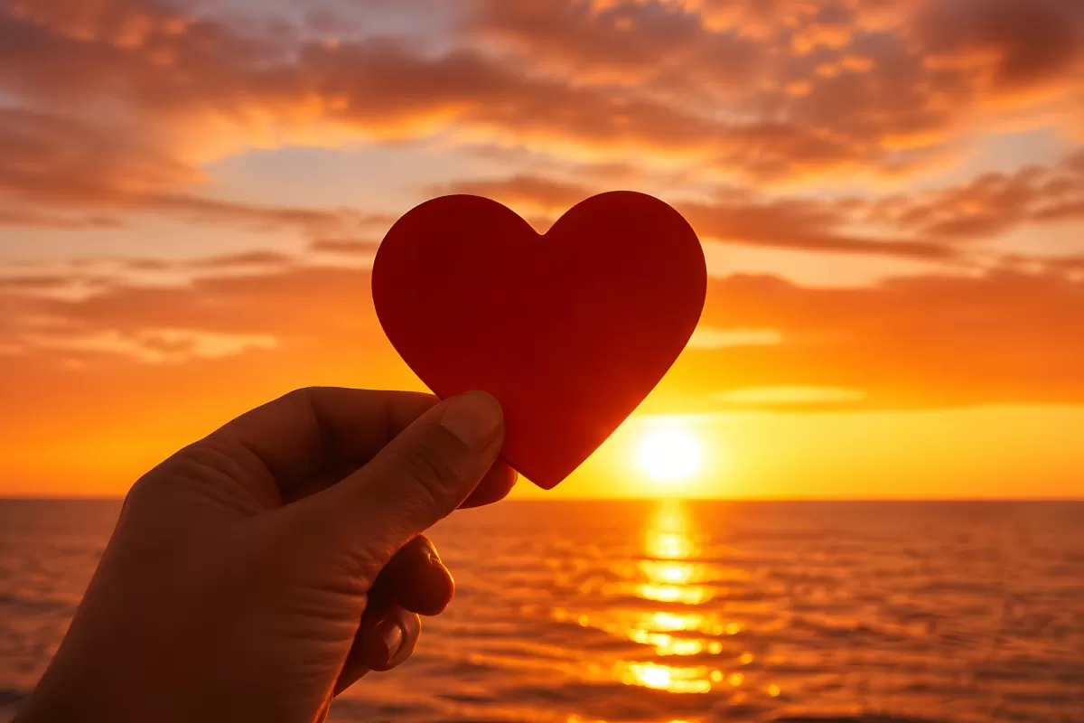 Hand hält rotes Herz vor leuchtendem Meeressonnenuntergang