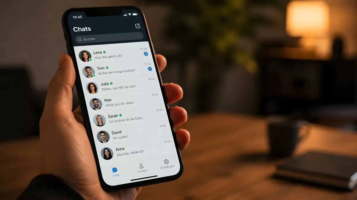 Hand hält Smartphone mit Messenger-Chatübersicht