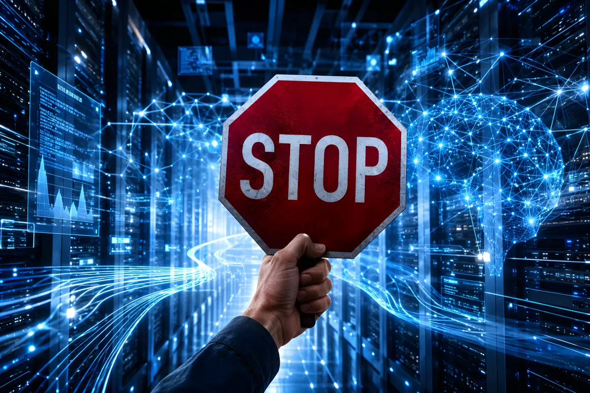 Hand hält Stoppschild vor digitalem Rechenzentrum