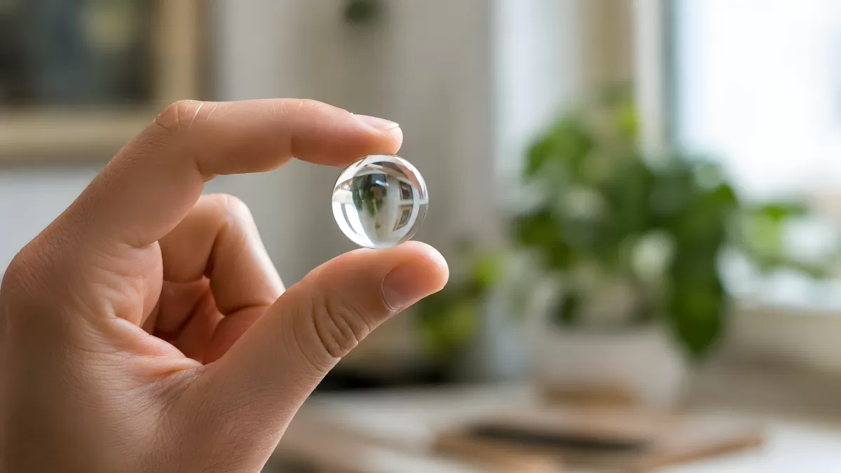 Hand hält transparente Glaskugel im Innenraum