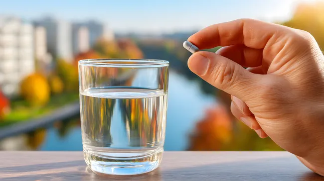 Hand hält Vitaminkapsel über Wasser vor Stadt