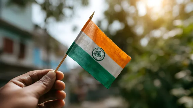 Hand hält wehende indische Flagge im Sonnenlicht