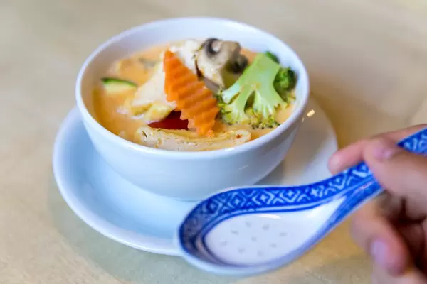 Hand hält einen asiatischen Reislöffel, vor veganer Vorspeise "Tom Yum", Kokosmilch-Suppe mit gesundem Gemüse & Tofu als Fleischersatz