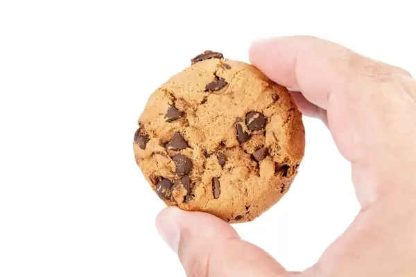 Händ hält einen kreisrunden Keks mit Schokoladenstücken