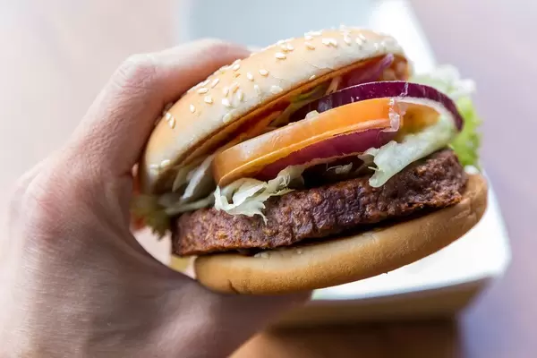 Hand hält in der Nahaufnahme den veganen McDonalds Burger "Big Vegan TS" mit Zwiebeln,  Tomatenscheiben, Lollo Bionda Salat mit Sojabratling