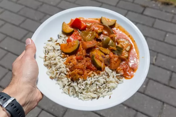 Hand hält vegetarisches Ratatouille mit Wildreis auf weißem Teller auf dem BarCamp in Koblenz