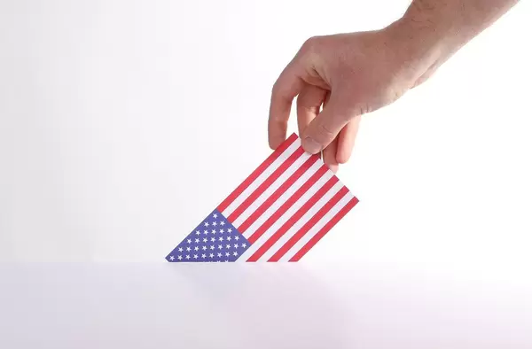 Hand holding American flag. USA election concept