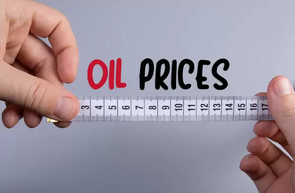 Hand holding measure tape and Oil Prices text on grey background