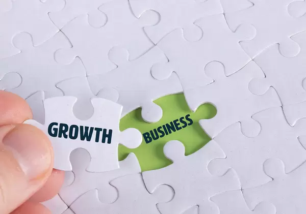 Hand holding piece of jigsaw puzzle with word growth & business