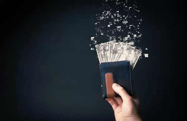 Hand holding wallet with dollar money tearing apart