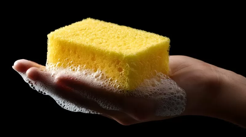 Hand holding yellow cleaning sponge over white sink